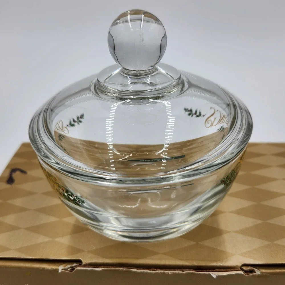 VTG Hometrends Anchor Hocking Glass Sugar & Cream Set Season Greetings Deadstock